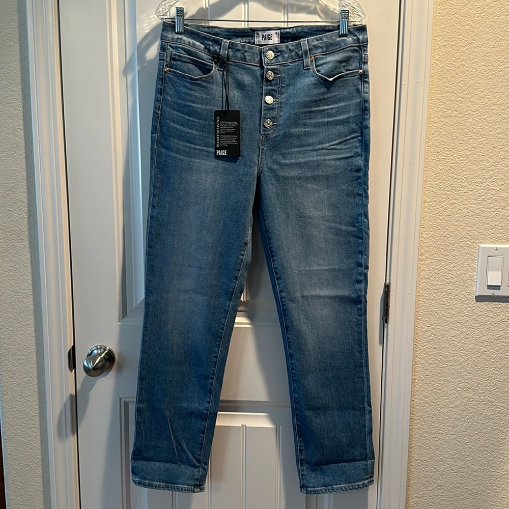 PAIGE Hoxton Slim High Rise Slim Leg Exposed Button Jean, Dorado, Size 31, NWT